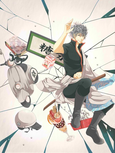 Anime picture 1050x1400 with gintama sunrise (studio) sakata gintoki sanche single tall image short hair smile red eyes grey hair boy food sweets glass motorcycle milk magazine pearls motorcycle helmet bokken