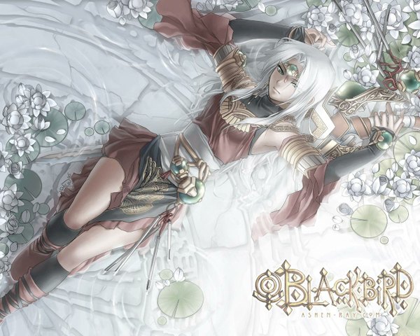 Anime picture 1280x1024 with white background white hair lying jpeg artifacts girl weapon sword water