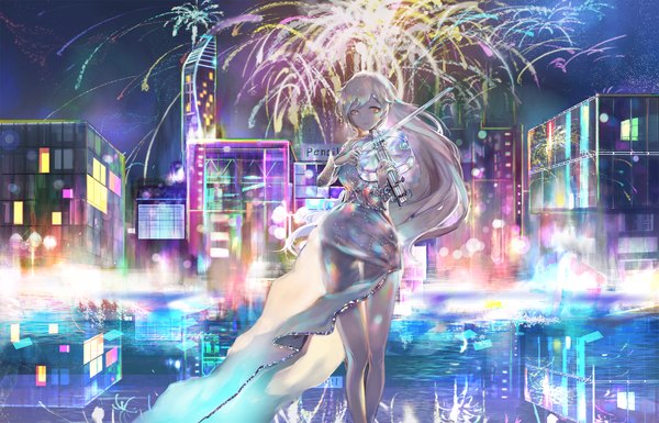Anime picture 2000x1286 with original pencil (pixiv 9969380) single long hair looking at viewer fringe highres blonde hair standing holding night orange eyes night sky city reflection city lights fireworks playing instrument girl dress