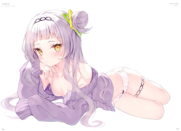 Anime picture 4766x3455 with virtual youtuber hololive murasaki shion rurudo single long hair looking at viewer fringe highres breasts light erotic white background yellow eyes absurdres lying blunt bangs long sleeves grey hair scan off shoulder