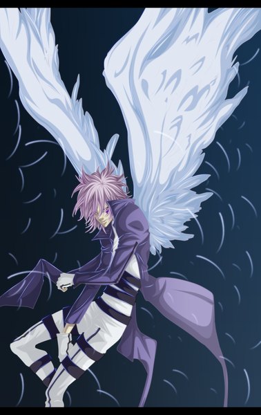 Anime picture 1200x1902 with katekyou hitman reborn byakuran hollowcn single tall image short hair simple background smile pink hair pink eyes tattoo coloring letterboxed boy wings feather (feathers) cloak