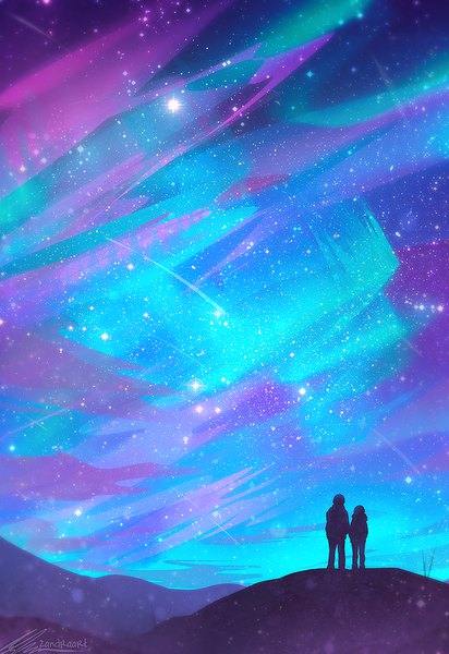 Anime picture 650x945 with original zandraart tall image standing signed sky outdoors from behind night night sky couple scenic silhouette shooting star girl boy star (stars)