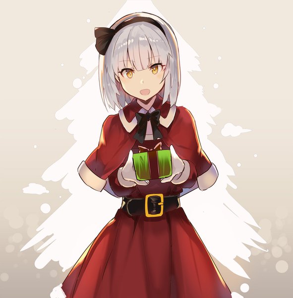 Anime picture 1654x1681 with touhou konpaku youmu rin falcon single tall image looking at viewer fringe short hair open mouth simple background smile standing holding yellow eyes silver hair long sleeves grey background alternate costume alternate eye color girl
