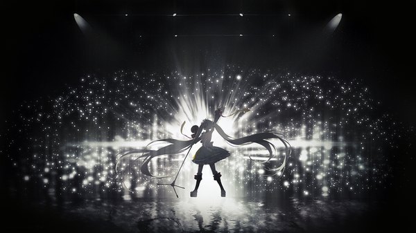 Anime-Bild 2000x1125 mit vocaloid hatsune miku lengchan (fu626878068) single highres wide image twintails full body very long hair arm up from behind reflection partially colored girl dress hair ornament bow water microphone microphone stand