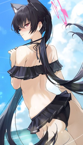 Anime picture 1000x1750 with blue archive serika (blue archive) serika (swimsuit) (blue archive) goomrrat single long hair tall image looking at viewer fringe light erotic black hair hair between eyes red eyes standing twintails animal ears sky cloud (clouds) outdoors ass