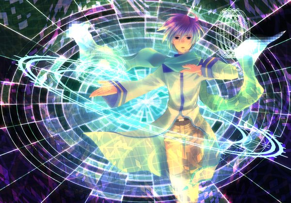 Anime picture 3510x2454 with vocaloid kaito (vocaloid) shijuu hachi single highres short hair open mouth absurdres purple hair black eyes singing boy scarf microphone