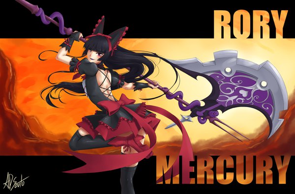 Anime picture 6077x4003 with gate - jieitai ka no chi nite kaku tatakaeri a-1 pictures rory mercury adsouto single long hair fringe highres black hair signed absurdres blunt bangs pink eyes short sleeves puffy sleeves character names lipstick back gothic purple lipstick