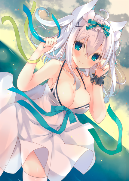 Anime picture 740x1035 with original satsuki mayuri single long hair tall image looking at viewer blush fringe breasts blue eyes light erotic smile hair between eyes large breasts bare shoulders animal ears payot sky cloud (clouds) ahoge