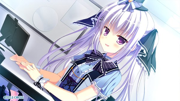 Anime picture 800x450 with d.s. -dal segno- circus (studio) kouzuki io single long hair looking at viewer blush fringe open mouth wide image sitting purple eyes twintails payot game cg silver hair lolita fashion 2015 girl thighhighs