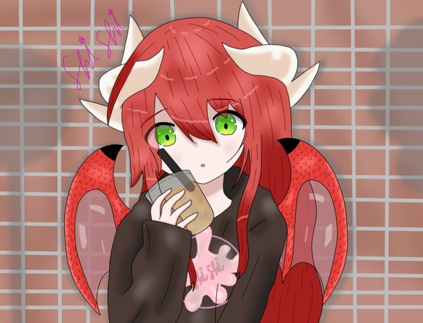 Anime picture 1500x1147 with original shishi gum single long hair looking at viewer fringe open mouth hair between eyes green eyes signed upper body red hair long sleeves arm up horn (horns) :o sleeves past wrists against wall dragon girl brick wall