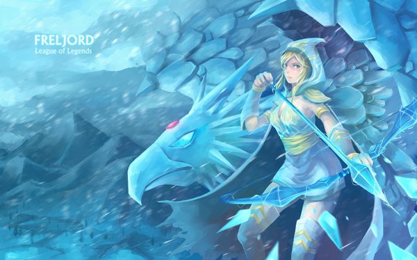 Anime picture 1500x937 with league of legends ashe (league of legends) anivia (league of legends) yupi single long hair looking at viewer blush blue eyes blonde hair wide image sky cloud (clouds) wind inscription legs snowing winter snow mountain