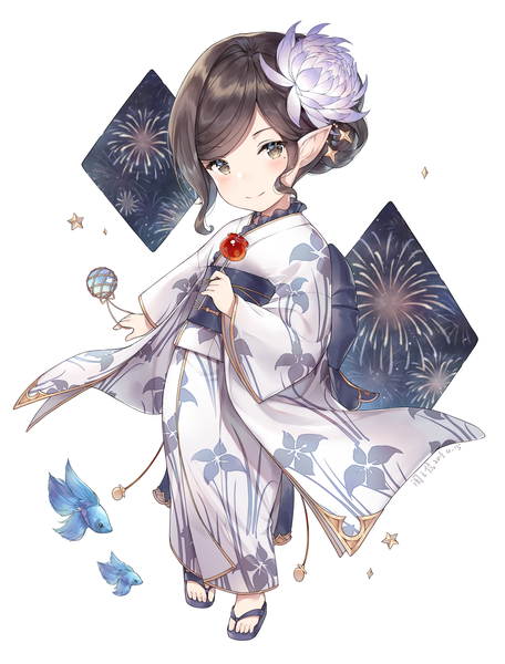 Anime picture 1043x1372 with granblue fantasy arulumaya ayuanlv single tall image looking at viewer blush fringe short hair brown hair standing holding brown eyes signed full body traditional clothes head tilt japanese clothes hair flower pointy ears