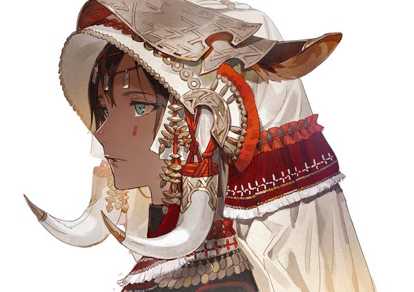 Anime picture 1500x1061 with original kawaguchi (mojacome) single blue eyes black hair simple background white background animal ears looking away upper body traditional clothes dark skin facial mark portrait girl headdress