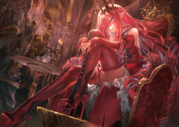 Anime picture 1920x1357 with fate (series) fate/grand order baobhan sith (fate) azomo single long hair looking at viewer fringe highres hair between eyes sitting bare shoulders signed full body bent knee (knees) red hair indoors nail polish parted lips head tilt