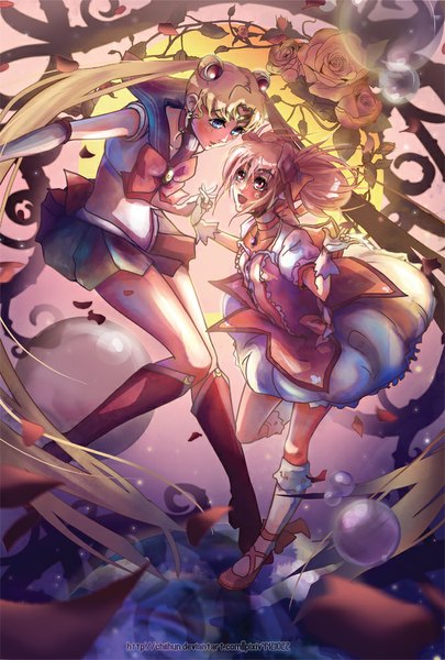 Anime picture 675x1000 with mahou shoujo madoka magica bishoujo senshi sailor moon shaft (studio) toei animation kaname madoka tsukino usagi sailor moon chiihun long hair tall image blush short hair blue eyes blonde hair twintails multiple girls pink hair very long hair pleated skirt pink eyes