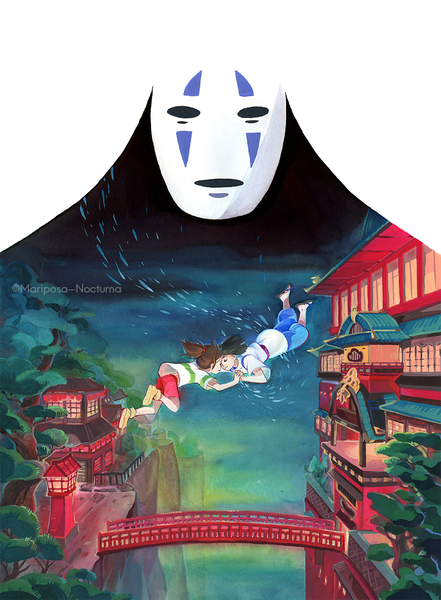 Anime picture 800x1089 with spirited away studio ghibli haku (spirited away) ogino chihiro no face (spirited away) mariposa-nocturna tall image fringe short hair black hair brown hair signed sky bent knee (knees) ponytail eyes closed traditional clothes japanese clothes light smile inscription