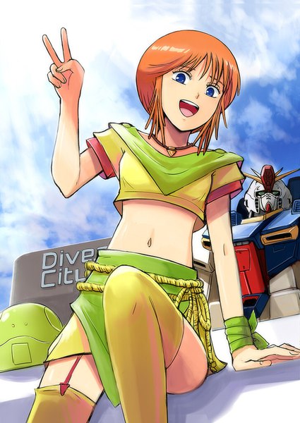 Anime picture 725x1024 with mobile suit gundam gundam zz sunrise (studio) haro elpeo puru zz gundam gacha-m single tall image looking at viewer short hair open mouth blue eyes sitting sky cloud (clouds) outdoors :d orange hair arm support