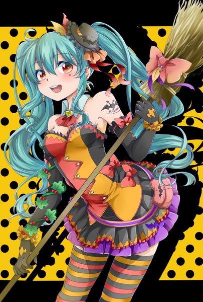 Anime picture 1377x2039 with vocaloid hatsune miku kanna (chaos966) single long hair tall image blush open mouth red eyes twintails bare shoulders looking away aqua hair shadow tattoo halloween polka dot polka dot background girl thighhighs