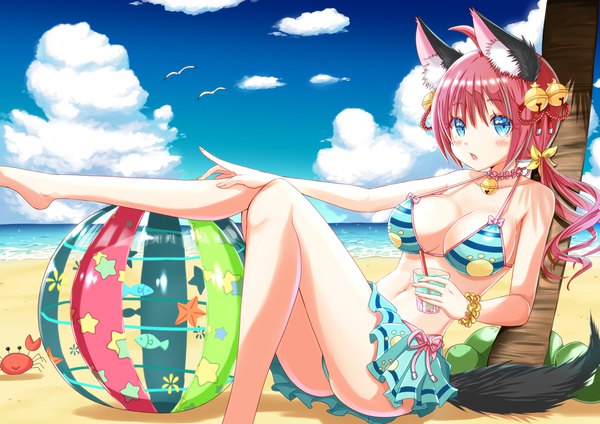 Anime picture 2381x1684 with original tenzeru single long hair looking at viewer blush fringe highres breasts open mouth blue eyes light erotic hair between eyes large breasts sitting bare shoulders holding animal ears sky cleavage