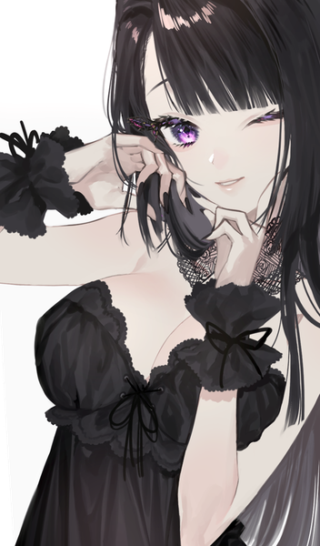 Anime picture 828x1408 with original naomasap single long hair tall image looking at viewer fringe breasts light erotic black hair simple background smile large breasts standing purple eyes cleavage upper body nail polish parted lips one eye closed