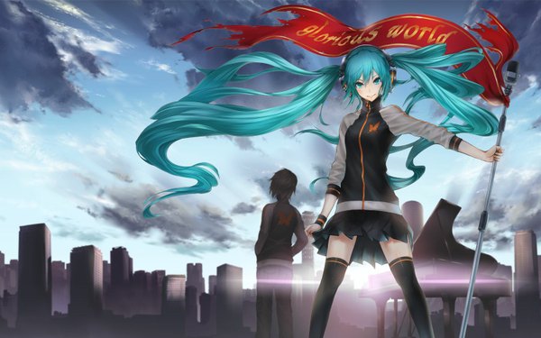 Anime picture 1600x1000 with glorious world (vocaloid) vocaloid hatsune miku 2d (artist) looking at viewer smile wide image twintails sky cloud (clouds) aqua eyes aqua hair zettai ryouiki city evening sunset weightlessness girl thighhighs skirt