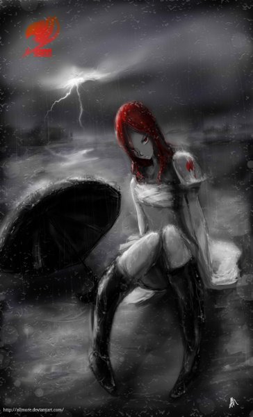 Anime picture 2975x4900 with fairy tail erza scarlet allmore (artist) long hair tall image looking at viewer highres red eyes sitting red hair inscription wet rain lightning girl boots blood umbrella