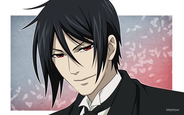 Anime picture 3752x2363 with kuroshitsuji a-1 pictures sebastian michaelis morrow single looking at viewer highres short hair black hair simple background smile red eyes absurdres portrait face vector boy necktie suit