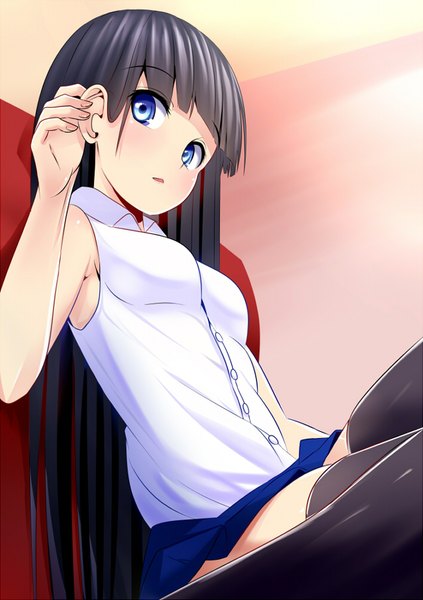 Anime picture 635x900 with mahouka koukou no rettousei shiba miyuki bra-cky single long hair tall image looking at viewer blush fringe breasts open mouth blue eyes black hair sitting payot bent knee (knees) indoors blunt bangs pleated skirt from below