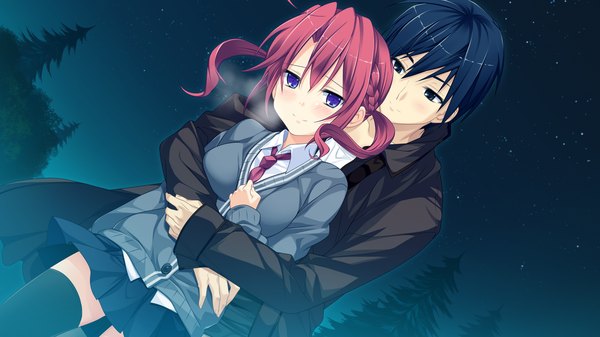 Anime picture 2560x1440 with kanojo to ore to koibito to marui (koedame) long hair highres short hair black hair wide image purple eyes twintails game cg red hair black eyes night couple hug short twintails girl thighhighs boy skirt