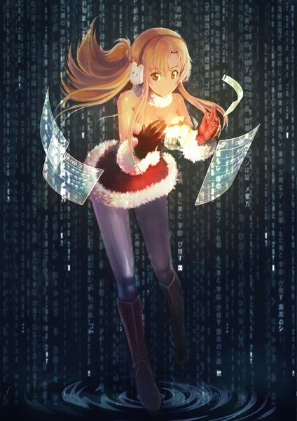 Anime picture 1018x1440 with sword art online a-1 pictures yuuki asuna tienao single long hair tall image brown hair brown eyes christmas girl skirt gloves miniskirt pantyhose boots headphones black pantyhose gift