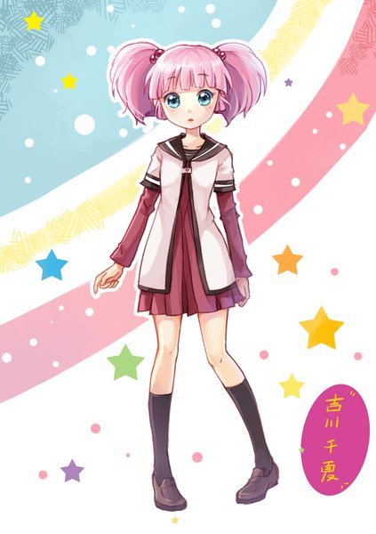 Anime picture 1165x1654 with yuru yuri doga kobo yoshikawa chinatsu dorris single tall image looking at viewer blush short hair blue eyes twintails pink hair short twintails girl uniform socks serafuku star (symbol) black socks hair tie