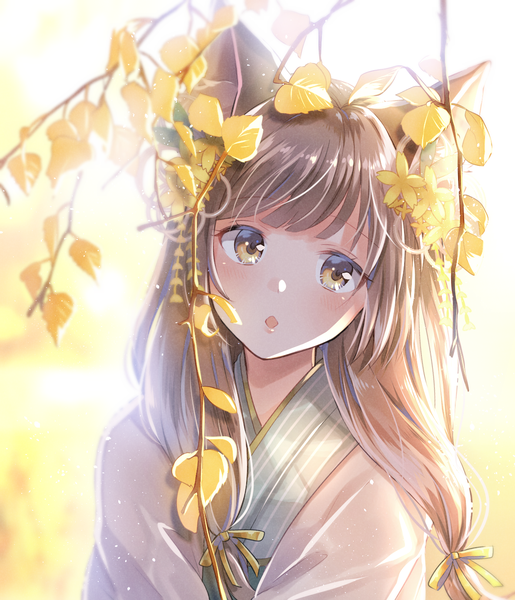 Anime picture 1184x1378 with original hazakura konoha myusha single long hair tall image blush fringe open mouth brown hair brown eyes animal ears looking away upper body blunt bangs traditional clothes japanese clothes :o fox ears shiny