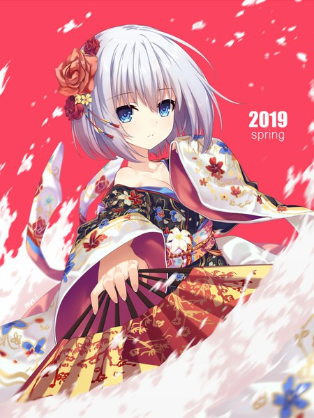 Anime picture 1200x1600 with date a live tobiichi origami neps-l single tall image looking at viewer fringe short hair blue eyes simple background hair between eyes holding silver hair upper body traditional clothes japanese clothes off shoulder inscription wide sleeves floral print