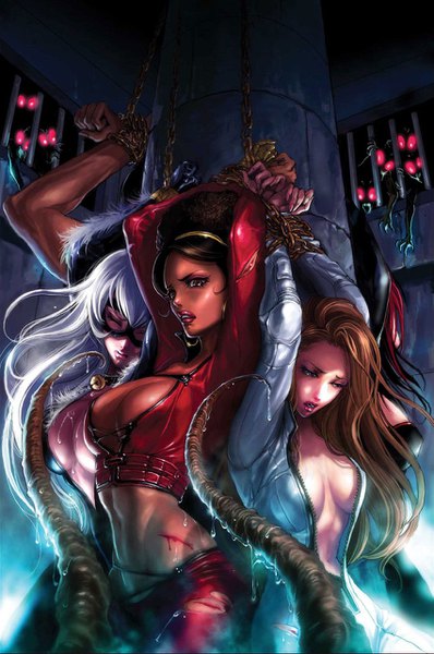 Anime picture 849x1280 with marvel comics black cat (felicia hardy) colleen wing misty knight tarantula (maria vasquez) sana takeda long hair tall image fringe breasts open mouth light erotic black hair hair between eyes red eyes brown hair large breasts standing multiple girls looking away