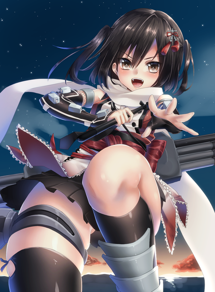 Anime picture 1280x1737 with kantai collection sendai light cruiser keita (tundereyuina) single tall image looking at viewer blush short hair open mouth black hair brown eyes two side up girl thighhighs skirt black thighhighs detached sleeves miniskirt socks black socks