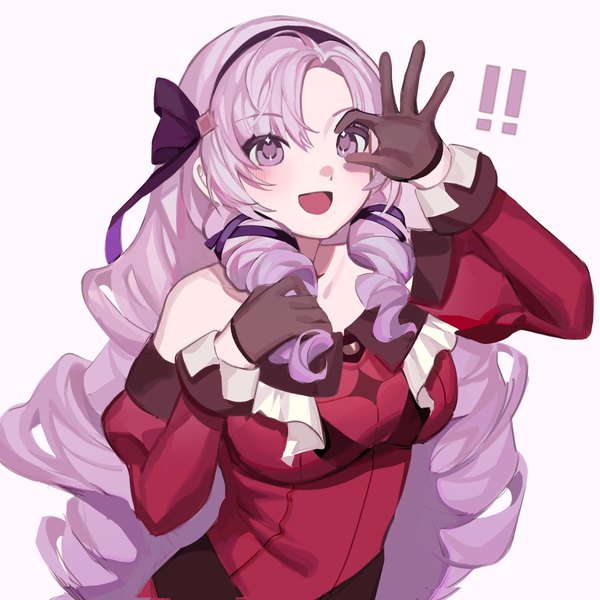 Anime picture 1277x1277 with virtual youtuber nijisanji hyakumantenbara salome hyakumantenbara salome (1st costume) anye single long hair blush open mouth simple background purple eyes looking away purple hair upper body :d drill hair pink background ! girl gloves