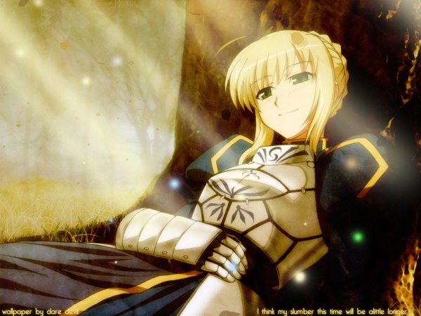 Anime picture 1600x1200 with fate (series) fate/stay night studio deen type-moon artoria pendragon (all) saber single short hair blonde hair green eyes signed payot ahoge lying light smile puffy sleeves third-party edit against tree girl plant (plants)