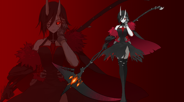 Anime picture 4447x2479 with rwby rooster teeth ruby rose grimm dishwasher1910 single looking at viewer fringe highres short hair open mouth black hair simple background hair between eyes red eyes wide image standing holding absurdres full body
