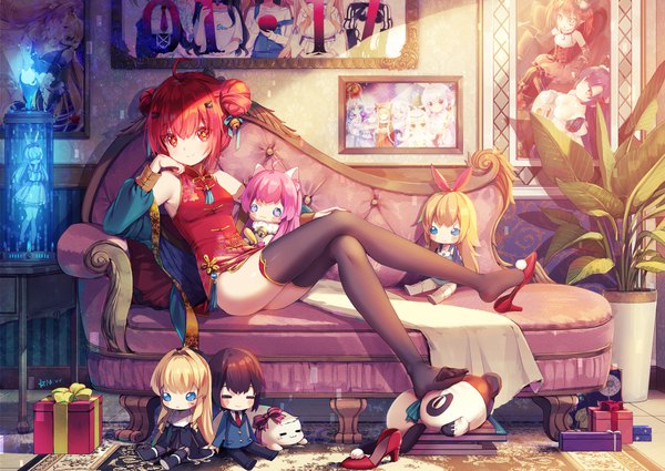 Anime picture 1920x1360 with original delores (mvv) vivian (mvv) mvv single looking at viewer blush fringe highres short hair smile hair between eyes red eyes sitting bare shoulders signed full body ahoge bent knee (knees) red hair