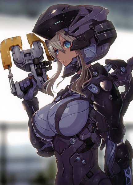 Anime picture 4038x5600 with dead space 2d (artist) single long hair tall image looking at viewer fringe highres breasts blue eyes light erotic blonde hair hair between eyes large breasts holding payot absurdres parted lips scan depth of field