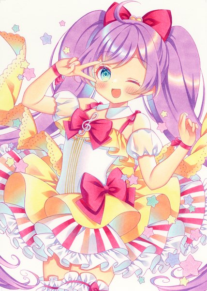 Anime picture 1070x1500 with puri para pretty (series) manaka lala puu (kari---ume) single long hair tall image blush open mouth twintails purple hair ahoge one eye closed aqua eyes wink victory ;d traditional media treble clef girl