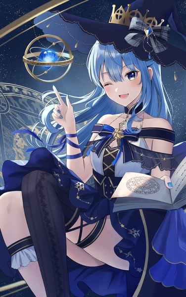 Anime picture 1926x3072 with virtual youtuber hololive hoshimachi suisei nakaneabura8623 single long hair tall image blush fringe highres open mouth blue eyes light erotic smile hair between eyes sitting bare shoulders blue hair looking away nail polish