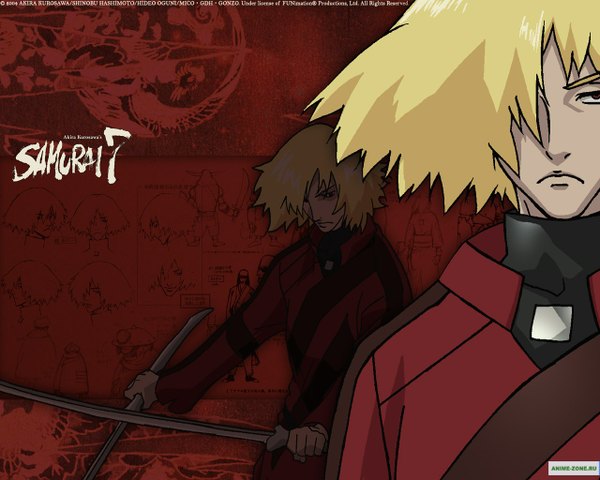 Anime picture 1280x1024 with samurai 7 gonzo kyuzo fringe blonde hair hair over one eye red background boy