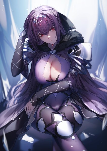Anime-Bild 1400x1980 mit fate (series) fate/grand order scathach (fate) (all) scathach skadi (fate) kyouya (mukuro238) single long hair tall image looking at viewer fringe breasts light erotic hair between eyes red eyes large breasts sitting payot purple hair head tilt arm up