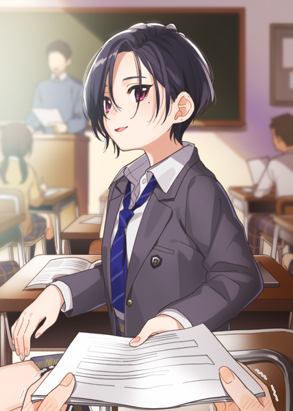 Anime picture 642x900 with original buuta tall image looking at viewer fringe short hair open mouth black hair holding indoors pink eyes mole mole under eye solo focus pov classroom girl boy uniform school uniform