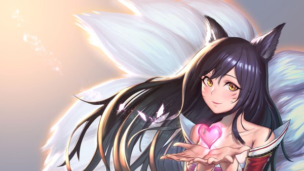 Anime picture 1797x1015 with league of legends ahri (league of legends) moonandmist single long hair looking at viewer blush fringe highres black hair simple background hair between eyes wide image bare shoulders animal ears yellow eyes upper body tail animal tail light smile