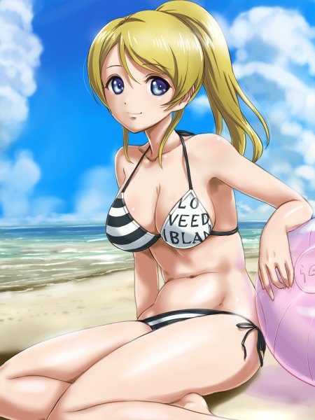 Anime picture 900x1200 with love live! school idol project sunrise (studio) love live! ayase eli rasukaru single long hair tall image blush breasts blue eyes light erotic blonde hair sitting bare shoulders sky cleavage cloud (clouds) ponytail barefoot