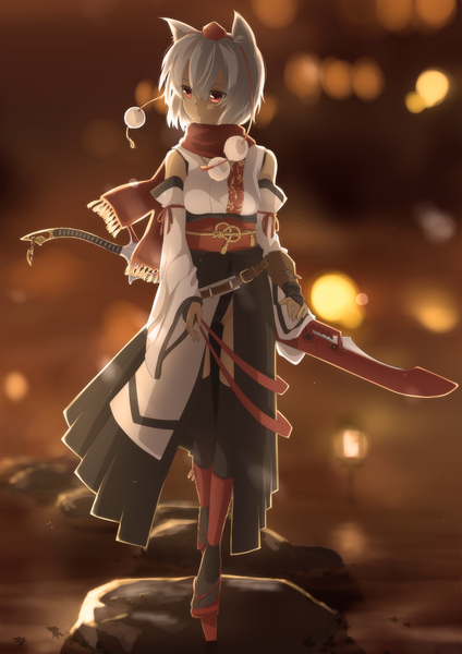 Anime picture 1400x1980 with touhou inubashiri momiji kamiya suzume single tall image short hair breasts red eyes bare shoulders animal ears looking away silver hair tail animal tail walking wolf ears wolf tail girl weapon detached sleeves