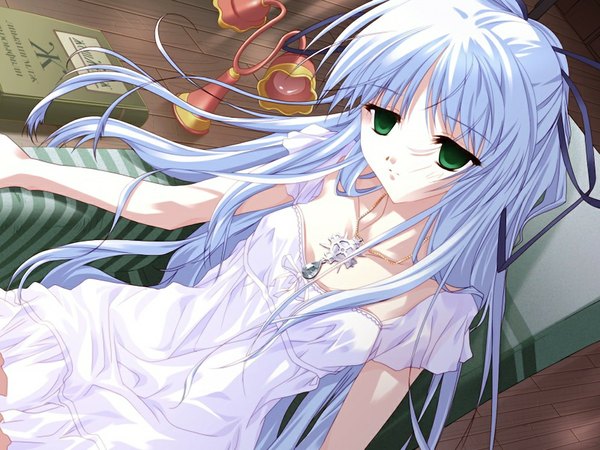 Anime picture 1024x768 with sorairo no organ (game) kisaragi sarasa minase lin single long hair sitting green eyes blue hair game cg short sleeves expressionless empty eyes girl dress white dress necklace