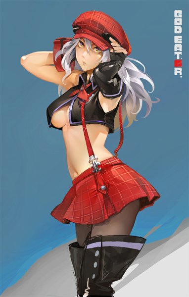 Anime picture 637x1000 with god eater burst alisa ilinichina amiella k-bose single long hair tall image looking at viewer light erotic simple background silver hair copyright name underboob wavy hair adjusting hat girl skirt hat miniskirt pantyhose boots